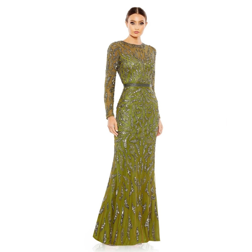 MAC DUGGAL Olive Beaded Sequin Embellished Sheer Long Sleeve Belt Detail Gown 4